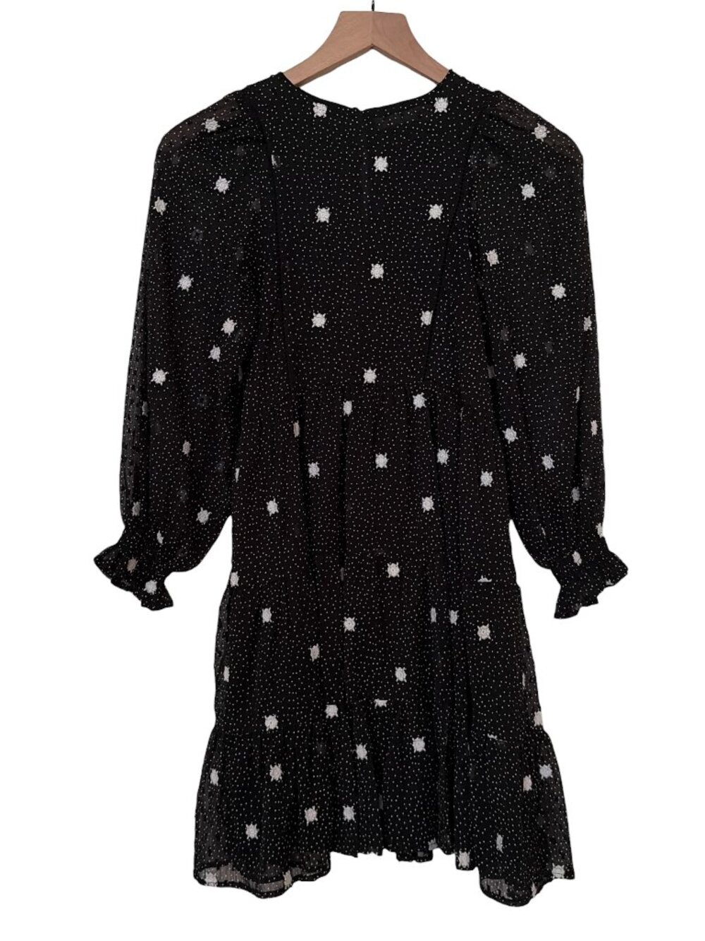 Zara Girls Black White Dot Embroidered Floral Long Sleeve Dress